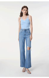 WR-Women's hole-breaking jeans loose thin high-waisted fur-trimmed wide-legged pants washed open fork dragging pants new